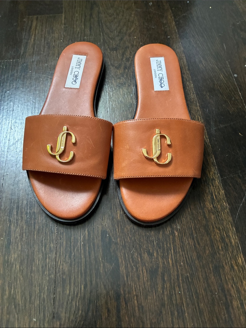 Jimmy Choo Tan Leather Slide Sandals with Gold JC Emblem
